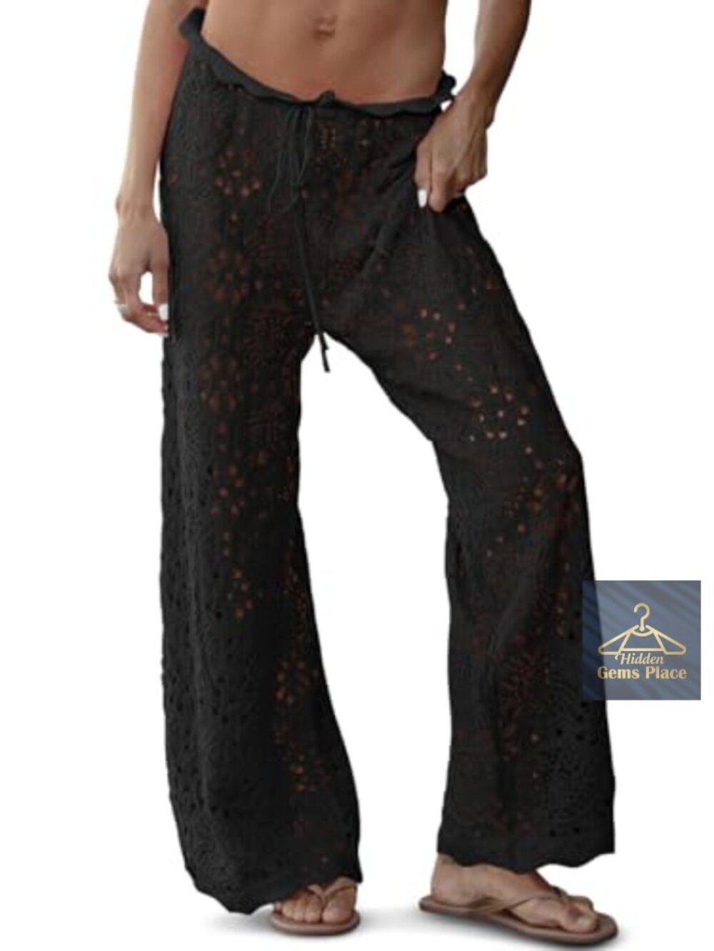 Crochet Swimsuit Coverup Pants High Waisted Wide Leg Mesh Knit Cotton Acrylic